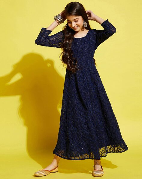 Shop online Marvelous Embroidered Work Net Navy Blue Designer Gown