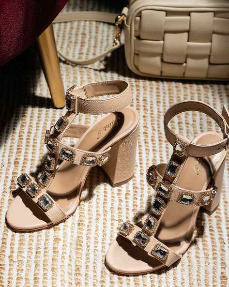 Buy Saint G Embellished Peep Toe Chunky Heeled Sandals Nude