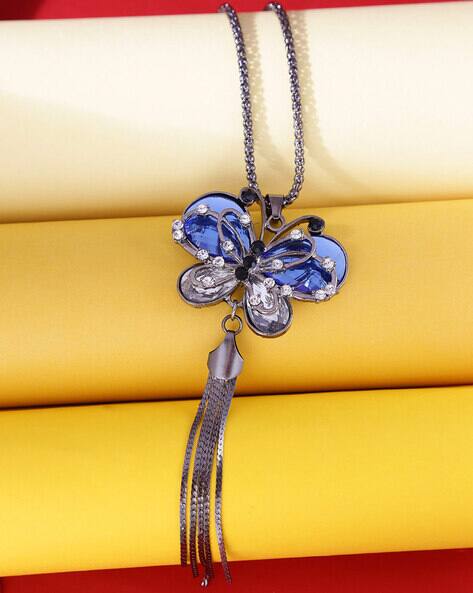 Yellow Chimes Stone-Studded Butterfly Pendant with Necklace