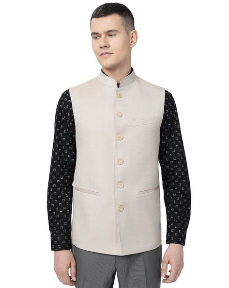 VASTRAMAY Men's Black Cotton Silk Blend Nehru Jacket – vastramay