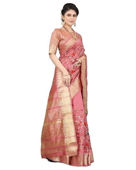 Vishal Prints Hot Pink And Turquoise Silk Weaving Saree With Zari Bord