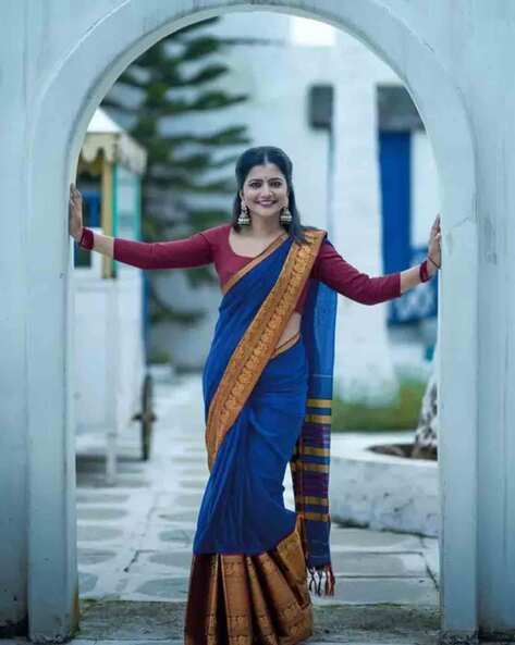 Wedding Wear Navy Blue Cotton Silk Woven Design Saree, 6.3 m (with blouse  piece) at Rs 850 in Surat