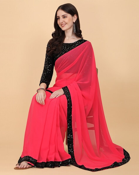 Fuchsia-Black Colour-blocked Shibori Saree – Studio Medium