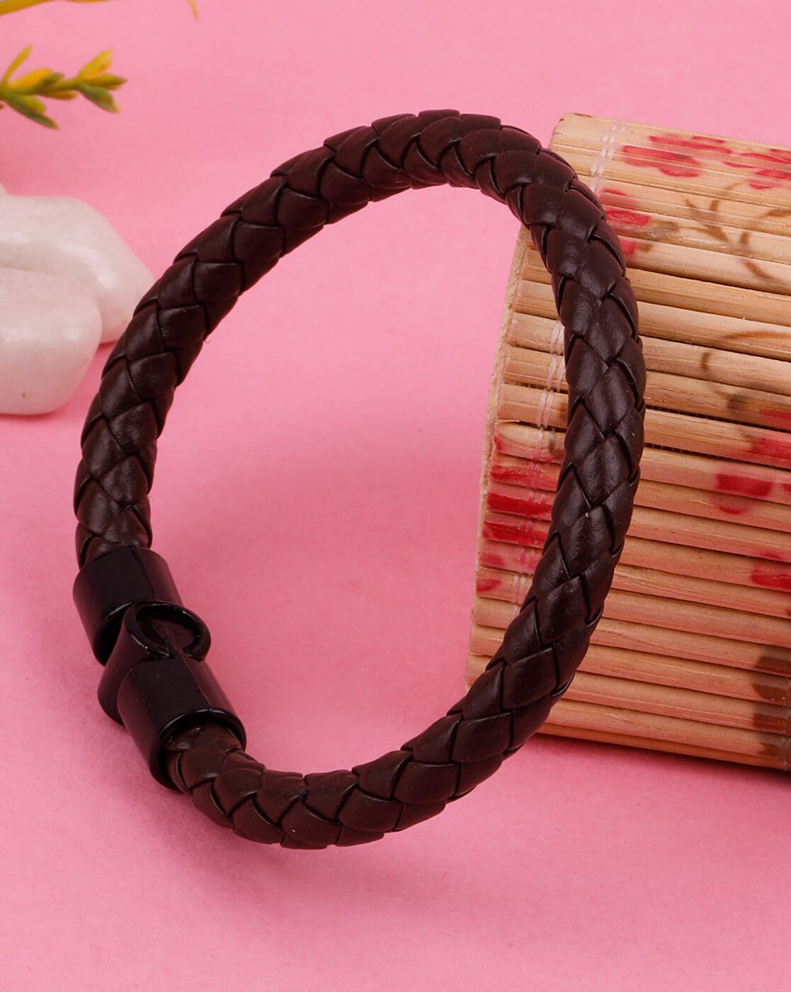 Leather bracelet plait  leather strips braided with dark fabric strings   Jewelry Eshop
