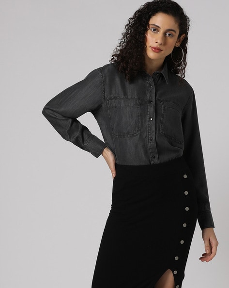 Denim high low on sale shirt