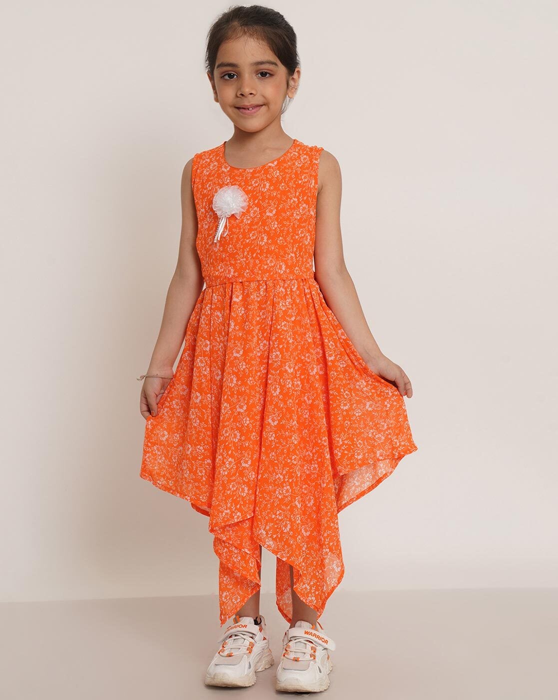 ULTRA TREND Girls Orange Net Blend Midi/Knee Length Sleeveless Party Dress