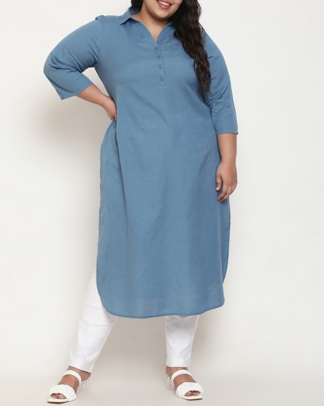 Women Plus Size Straight Kurti with Curved Hem