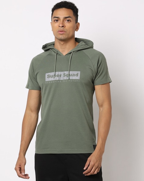 Regular Fit Typographic Print Hooded T-Shirt