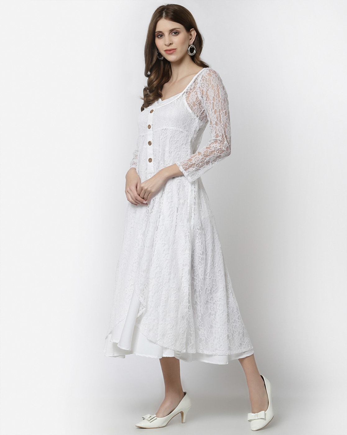 Romantic White Lace High Neck Dress with Bell Sleeve - Alternate Route  Outfitters