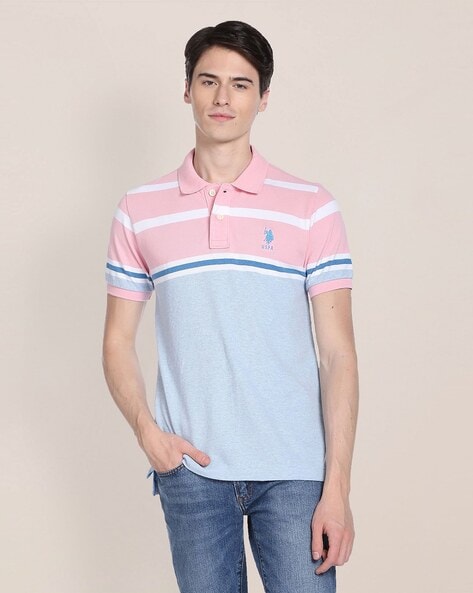 men's pink and blue polo shirt