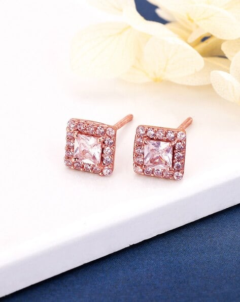 Giva Sterling Silver Rose Gold-Plated Square Halo Stud Earrings