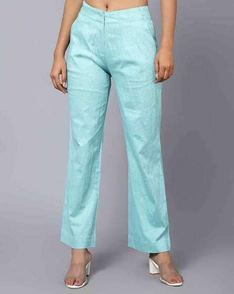 Buy Sky Blue Linen Slub Silk Women Pant with Loose Belt-33228