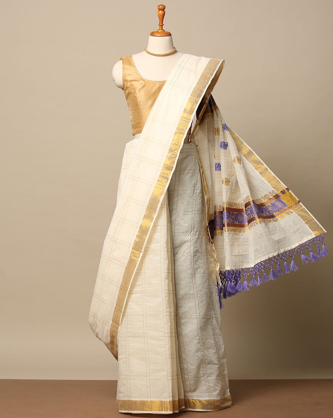 Buy Teejh Jaya White and Gold Kerala Cotton Kasavu Saree with Unstitched Blouse  online