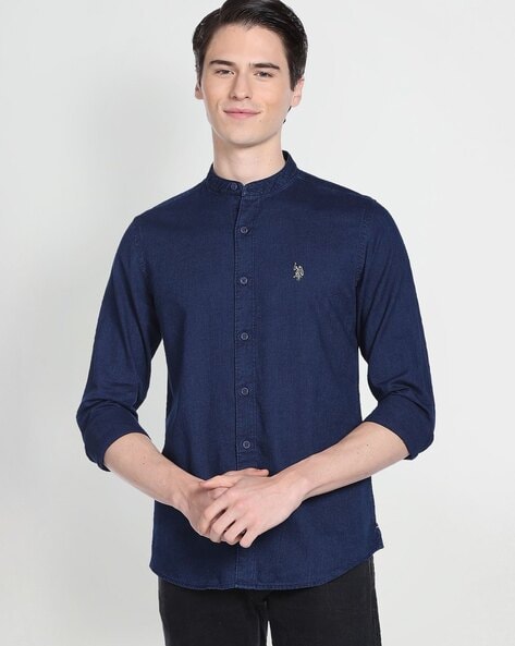 Party Wear Unisex Mens Printed Denim Blue Shirt Chinese Collar at Rs 350 in  Bhopal