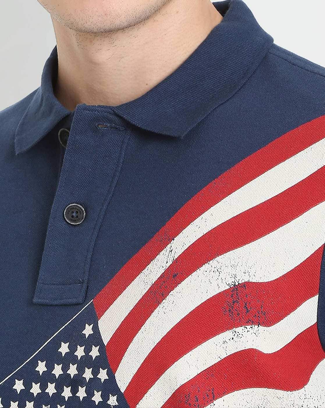 Flag Print Slim Fit Cotton Polo T-Shirt