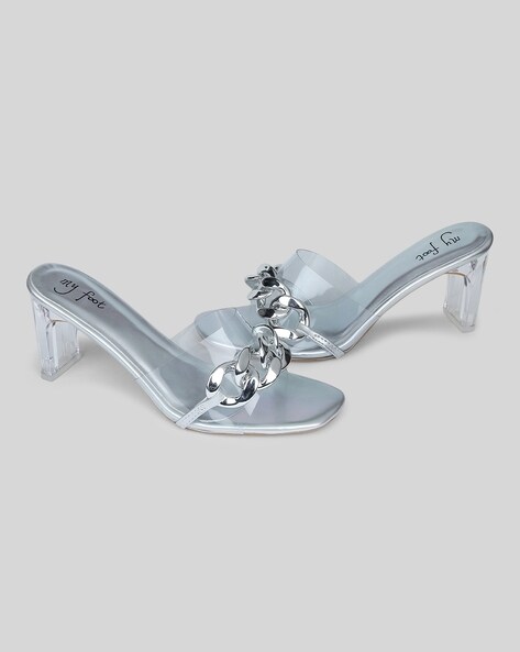 ISNOM Silver Rhinestone Sparkly Heels Sandals with Strappy Ankle Strap