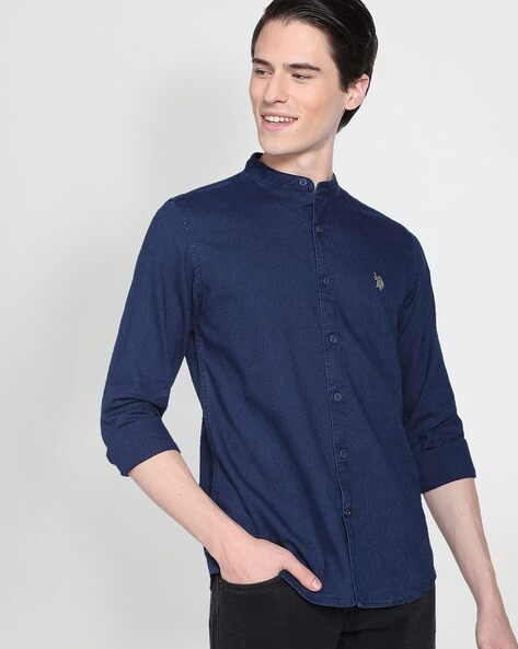 Blue Linen Mandarin Collar Popover Shirt – Drakes
