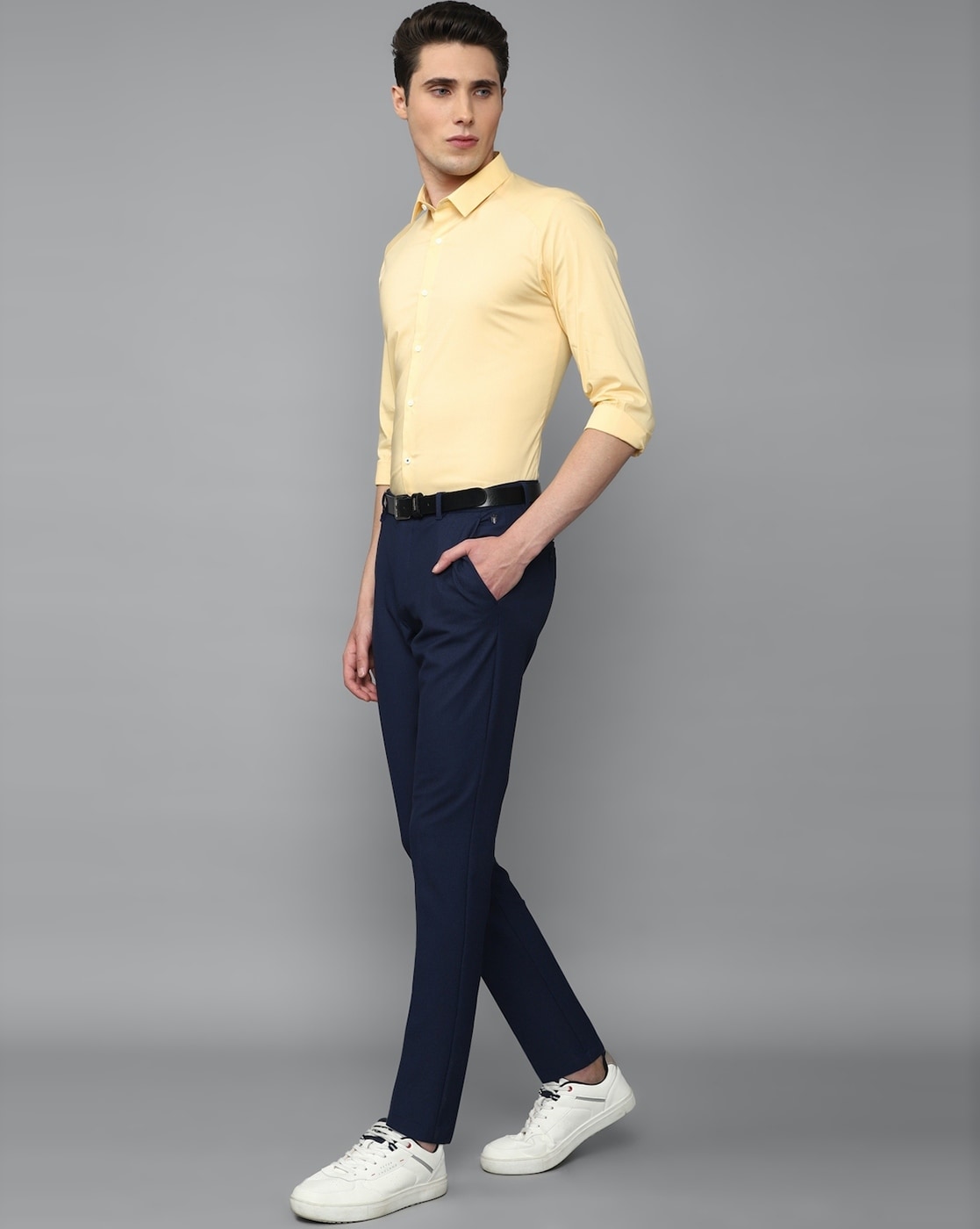 Louis Philippe light yellow cotton plain t shirt - G3-MTS16305 