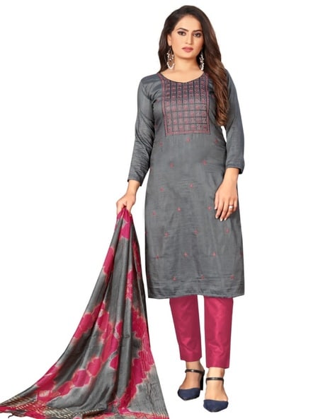 Maroon And Grey Cotton Printed Dress Material With Dupatta - muhenera s -  2727767