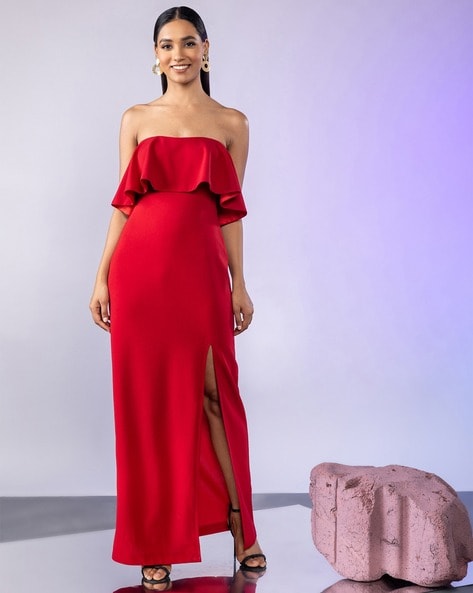 Off-shoulder Burgundy Velvet Tea-length Prom Dress - Promfy