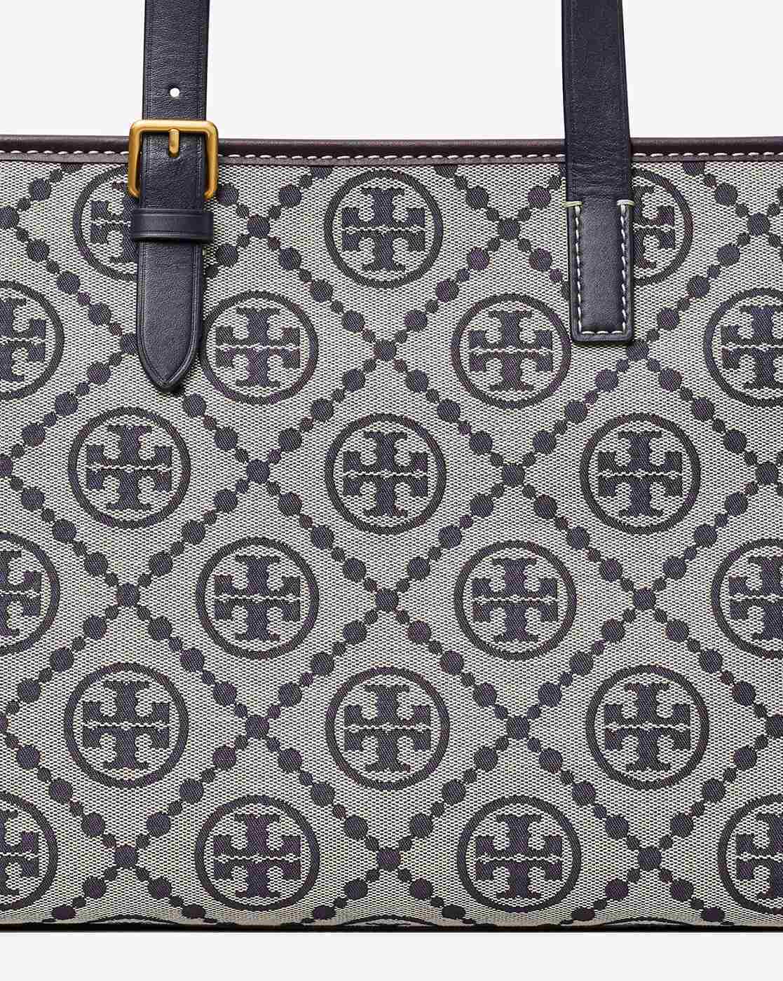 Tory Burch, Bags, Tory Burch Gray And Black Canvas Monogram Shoulder Tote  Bag