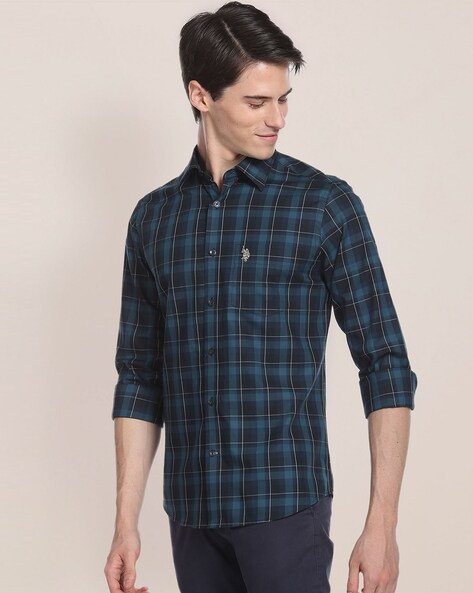 Blue checkered outlet polo