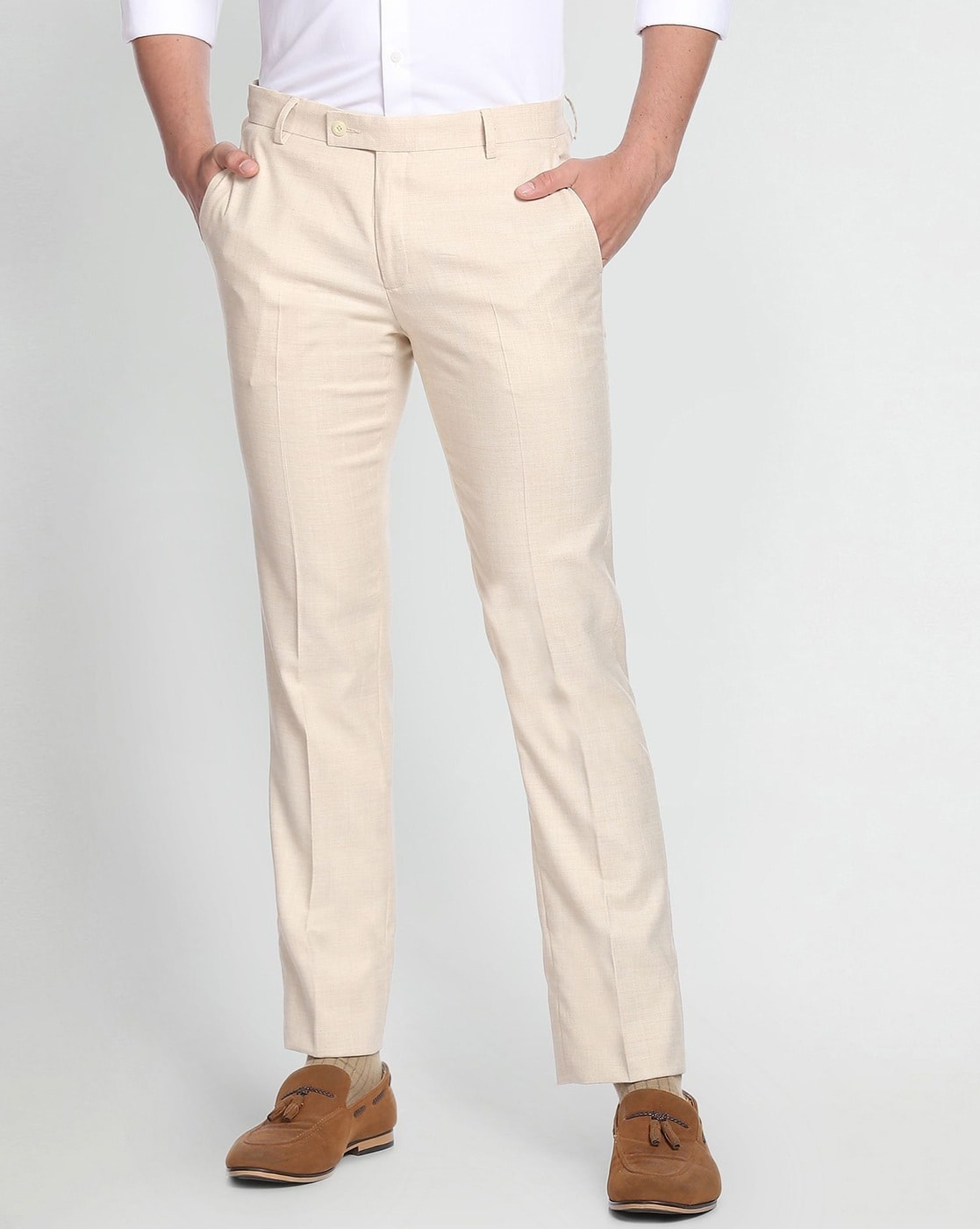 Men Beige Regular Fit Self Design Formal Trousers - Buy Men Beige Regular  Fit Self Design Formal Trousers online in India