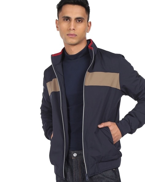 Stand Collar Placement Stripe Jacket