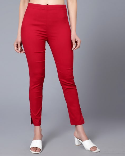 Buy STOP Red Solid Straight Fit Cotton Lycra Women's Casual Wear Pants |  Shoppers Stop