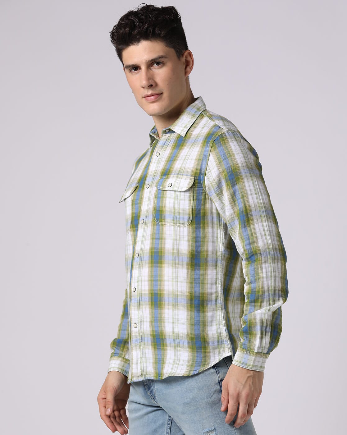 Eé button check big shirt Buy Buda Jeans Co Double Flap Pocket Checked Shirt Online | Ajio.com