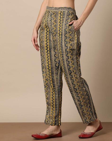 Buy Taavi Women Beige & Blue Kalamkari Hand Block Print Parallel Trousers -  Trousers for Women 7393522 | Myntra