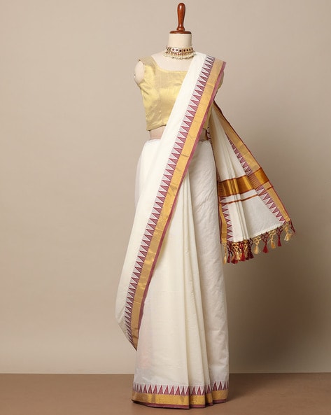 Buy Kerala Cotton Golden Kasavu Plain Saree at Amazon.in