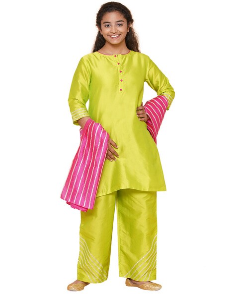 Buy MODISH COURTURE Girls Rama Green and Pink Self Design Silk
