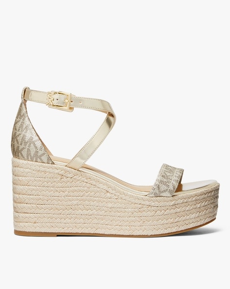 Buy Michael Kors Serena Metallic Logo Print Wedges | Pale Gold Color Women  | AJIO LUXE