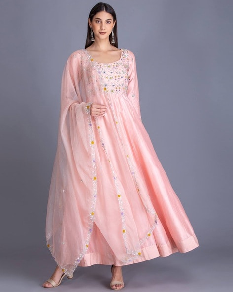 Buy Ballerina Pink Embroidered Gown With Net Dupatta For Women Online
