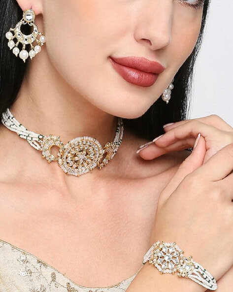 Rhodium Plated Crystal American Diamond Jwelery Set with Earring, Bracelet,  Ring | Priviu