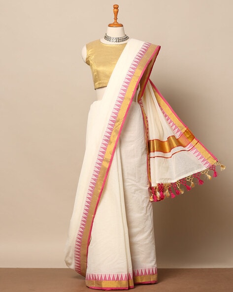 Kerala Sareehandwoven Kerala Cotton Saree In Off White, 45% OFF