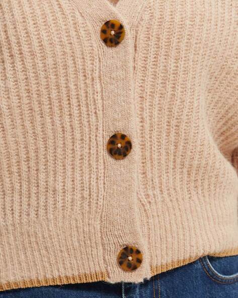 Ajio Brown Fuzzy Cardigan Button Down Sweaters With Pockets Sales