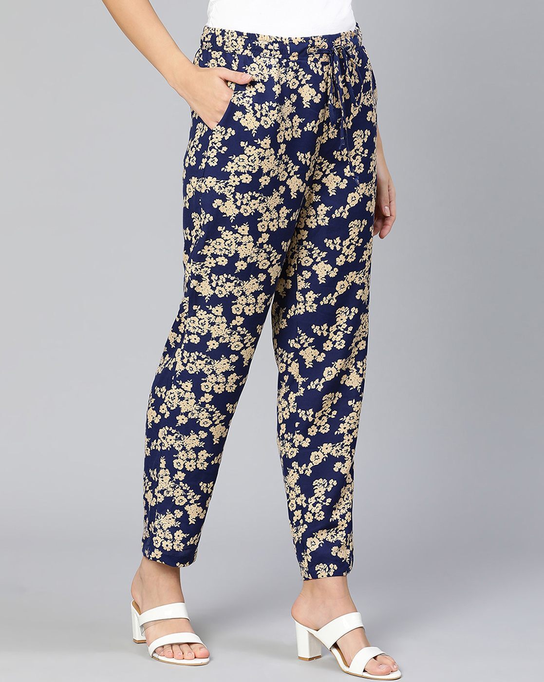 Buy Global Desi Blue  White Floral Print Trousers for Women Online  Tata  CLiQ