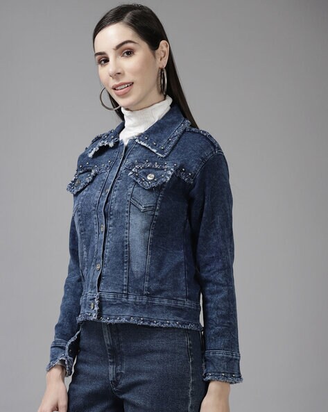 Blue Long Sleeves Denim Jackets Ripped Holes Non stretch - Temu