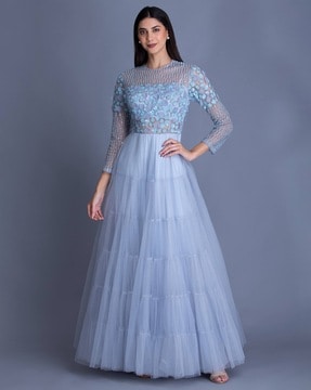 Blue Embroidered Georgette Evening Long Gown Semi Stitched
