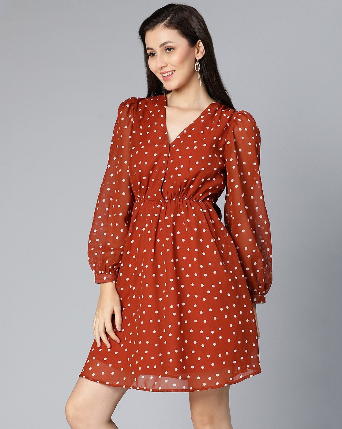 Rust polka dot wrap hot sale dress