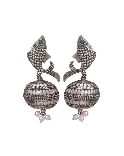 Buy VENI Oxidized Silver AD White Stone Fish Hook Earrings For