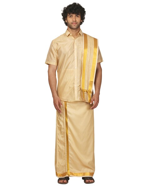 Men Art Silk Solid Colour Shirt With Readymade Dhoti And Angavastram –  SETHUKRISHNA