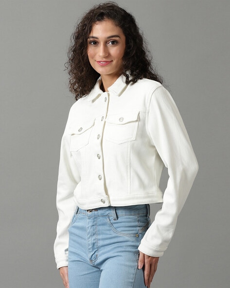 ASOS White Cropped Denim Jacket | White jacket outfit casual, Jacket outfit  women, Denim jacket women