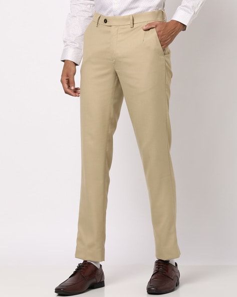 Buy Men Khaki Slim Fit Solid Flat Front Formal Trousers Online - 743320 |  Louis Philippe