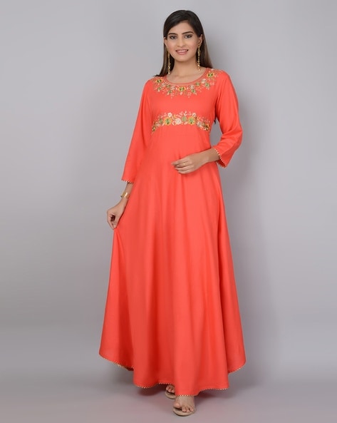 Orange Embroidery Work Faux Georgette Long Gown