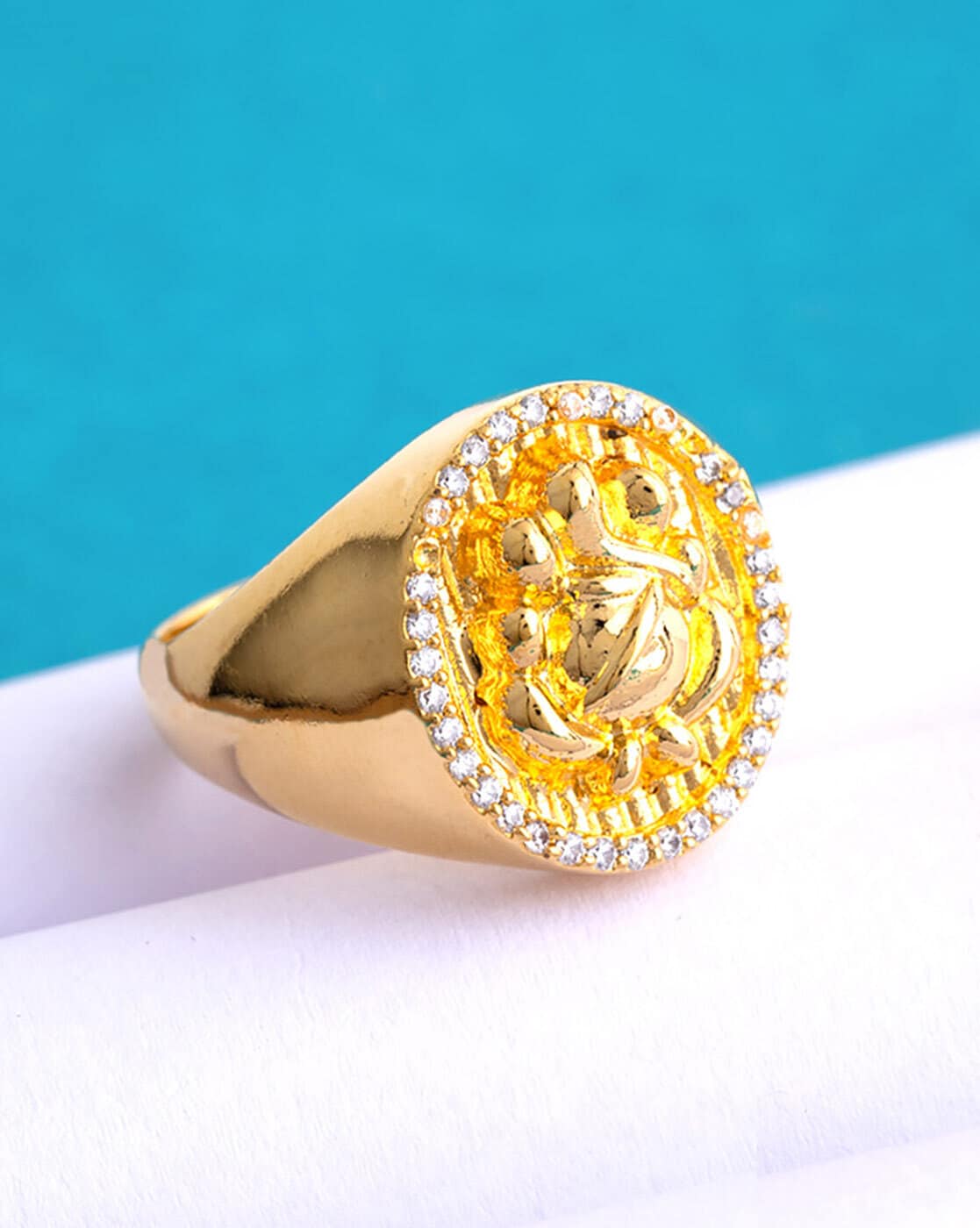 22K Gold Ganesha Ring - RiMs16703 - 22K Gold Ring with Lord Ganesh in oval  frost finish with machine cuts on sides.