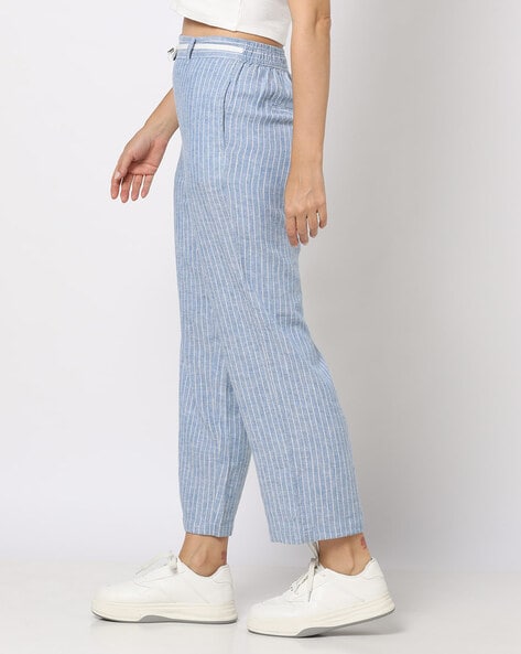 Blue Pinstripe Woven Oversized Wide Leg Trousers  PrettyLittleThing