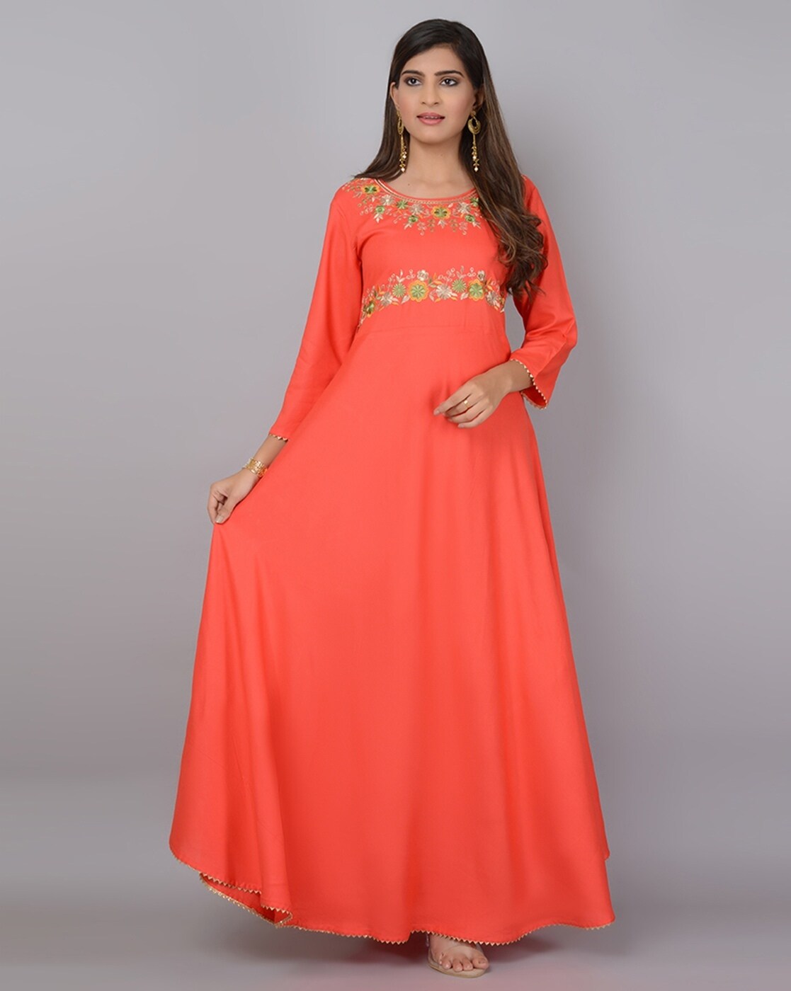 Orange Colour all over pearl work long dress gown